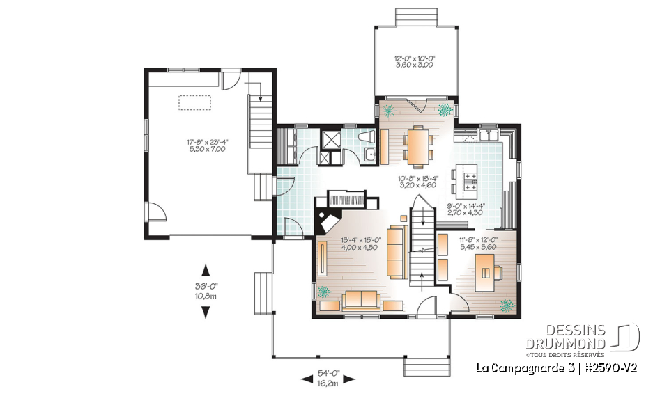 Rez-de-chaussée - Plan de maison style campagne, garage avec espace boni, foyer, buanderie au rdc, terrasse abritée - La Campagnarde 3