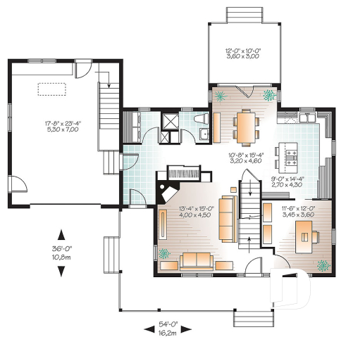 Rez-de-chaussée - Plan de maison style campagne, garage avec espace boni, foyer, buanderie au rdc, terrasse abritée - La Campagnarde 3