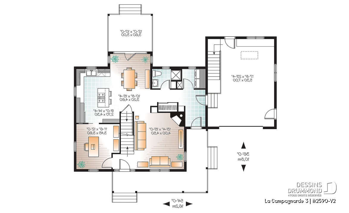 Rez-de-chaussée - Plan de maison style campagne, garage avec espace boni, foyer, buanderie au rdc, terrasse abritée - La Campagnarde 3