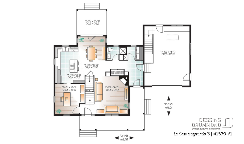 Rez-de-chaussée - Plan de maison style campagne, garage avec espace boni, foyer, buanderie au rdc, terrasse abritée - La Campagnarde 3