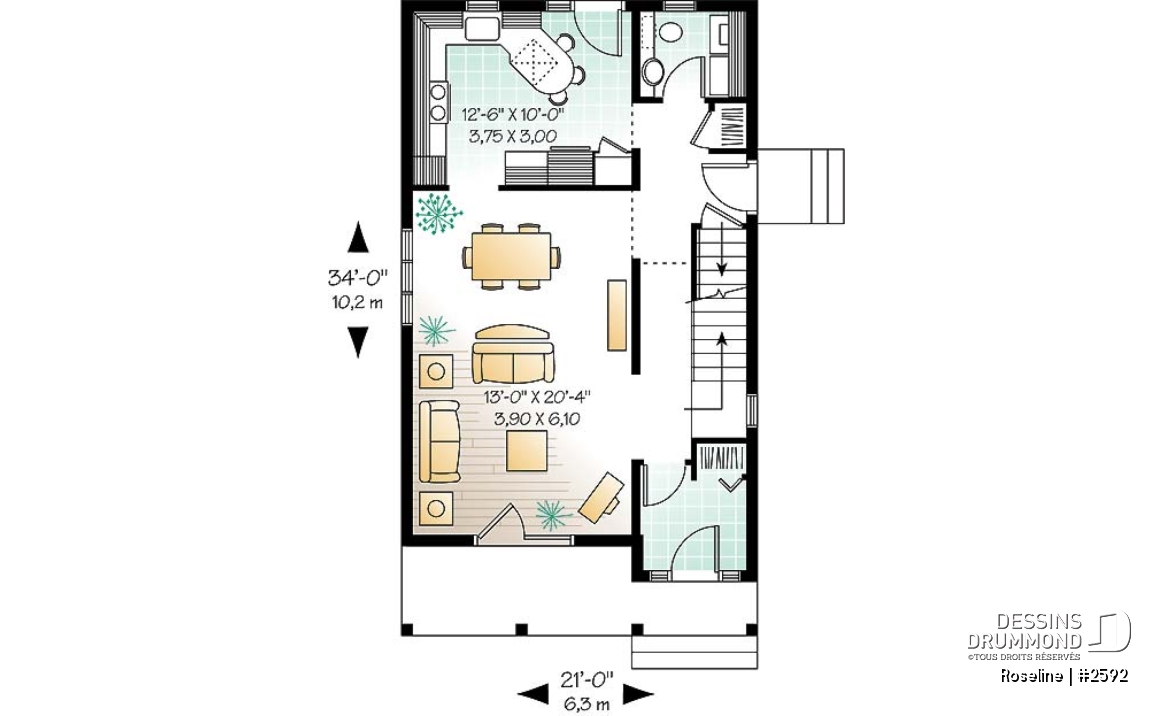 Rez-de-chaussée - Plan de maison Champêtre &amp; élégante pour terrain étroit, 3 chambres, buanderie au r-d-c - Roseline