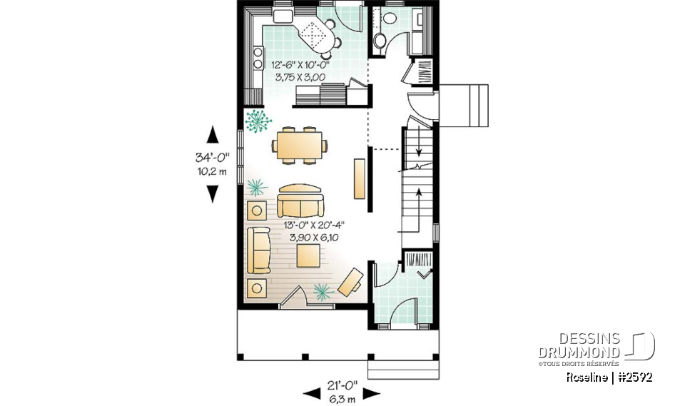 Rez-de-chaussée - Plan de maison Champêtre &amp; élégante pour terrain étroit, 3 chambres, buanderie au r-d-c - Roseline