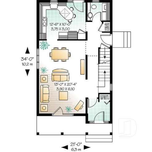 Rez-de-chaussée - Plan de maison Champêtre & élégante pour terrain étroit, 3 chambres, buanderie au r-d-c - Roseline