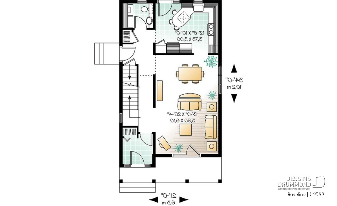 Rez-de-chaussée - Plan de maison Champêtre &amp; élégante pour terrain étroit, 3 chambres, buanderie au r-d-c - Roseline