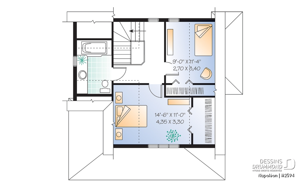 Étage - Plan de chalet 4-saisons, style champêtre avec grand balcon, plancher à aire ouverte, galerie couverte - Napoléon