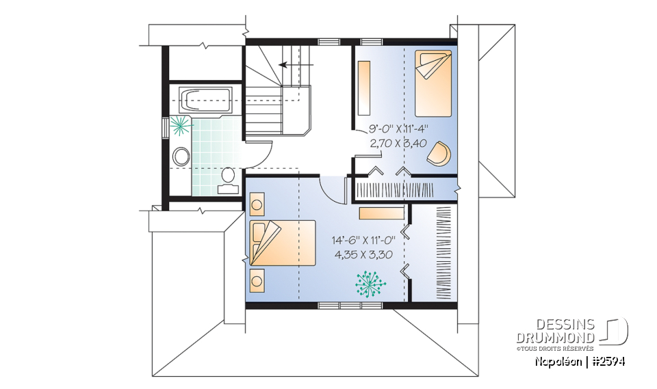 Étage - Plan de chalet 4-saisons, style champêtre avec grand balcon, plancher à aire ouverte, galerie couverte - Napoléon