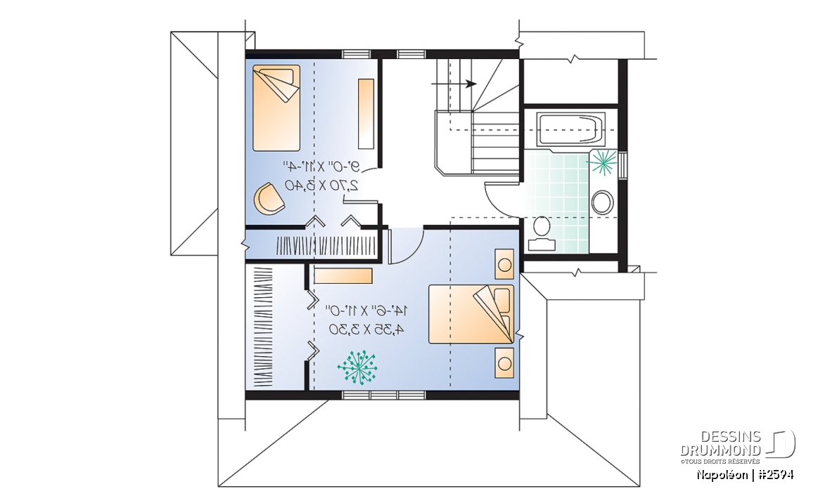 Étage - Plan de chalet 4-saisons, style champêtre avec grand balcon, plancher à aire ouverte, galerie couverte - Napoléon
