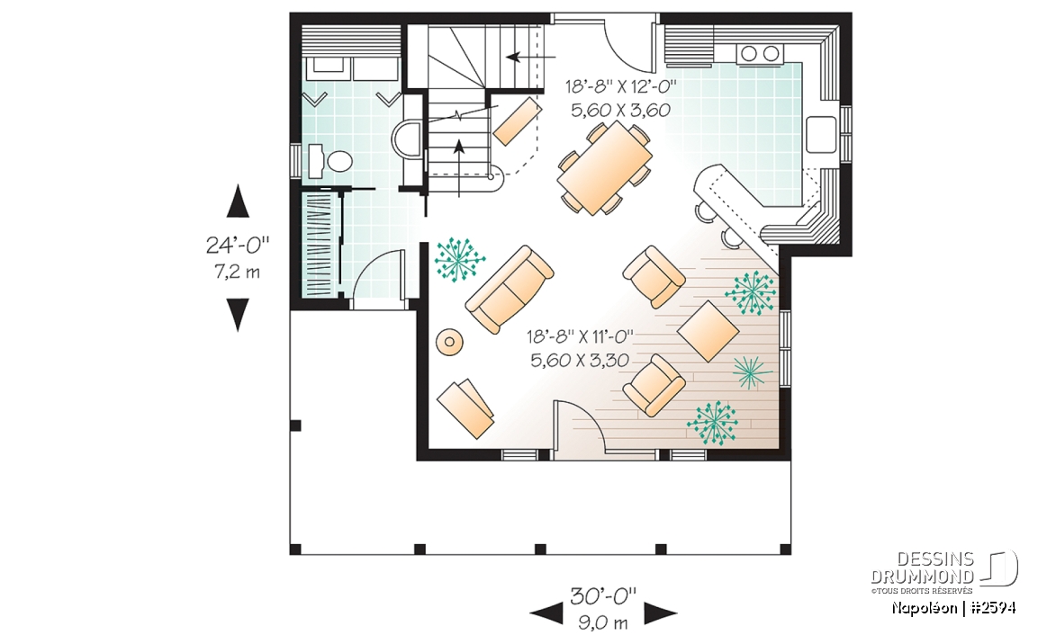 Rez-de-chaussée - Plan de chalet 4-saisons, style champêtre avec grand balcon, plancher à aire ouverte, galerie couverte - Napoléon