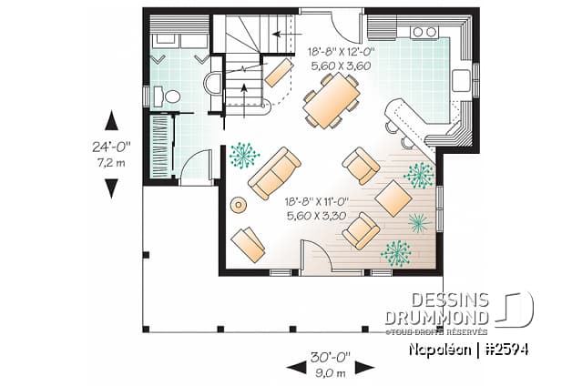 Rez-de-chaussée - Plan de chalet 4-saisons, style champêtre avec grand balcon, plancher à aire ouverte, galerie couverte - Napoléon