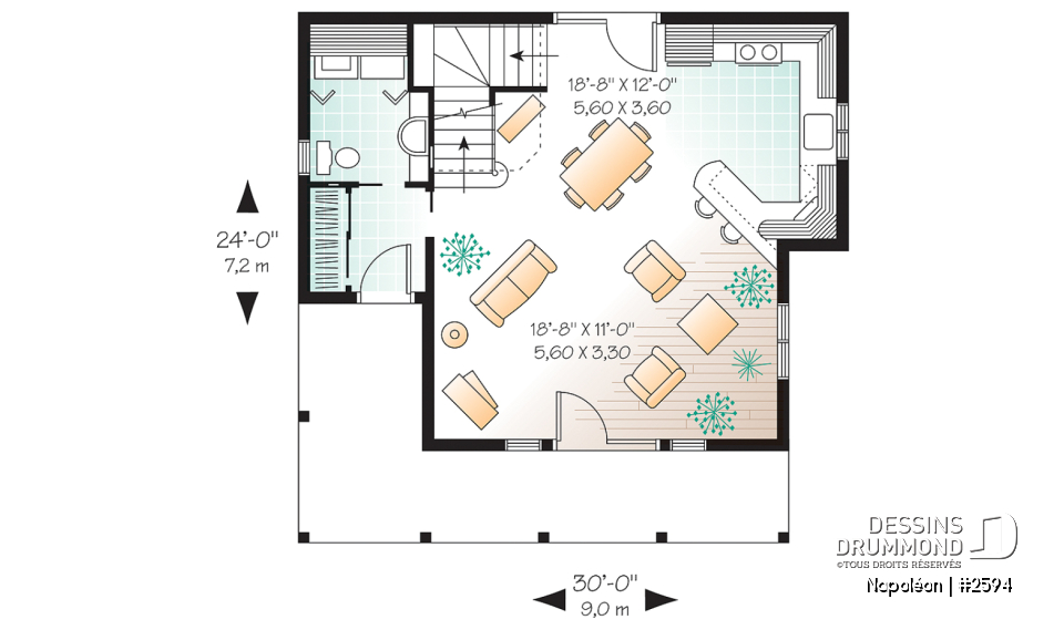 Rez-de-chaussée - Plan de chalet 4-saisons, style champêtre avec grand balcon, plancher à aire ouverte, galerie couverte - Napoléon