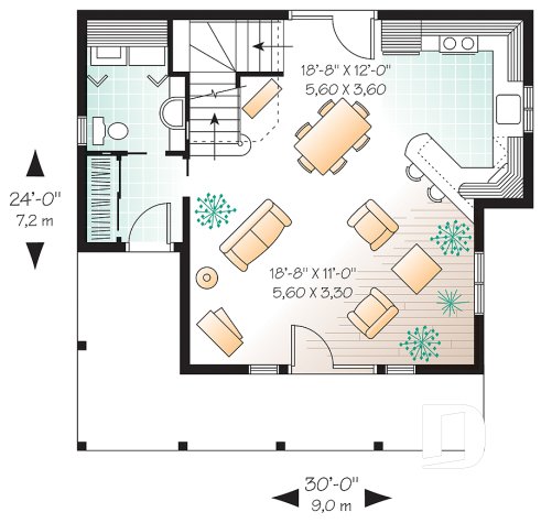 Rez-de-chaussée - Plan de chalet 4-saisons, style champêtre avec grand balcon, plancher à aire ouverte, galerie couverte - Napoléon