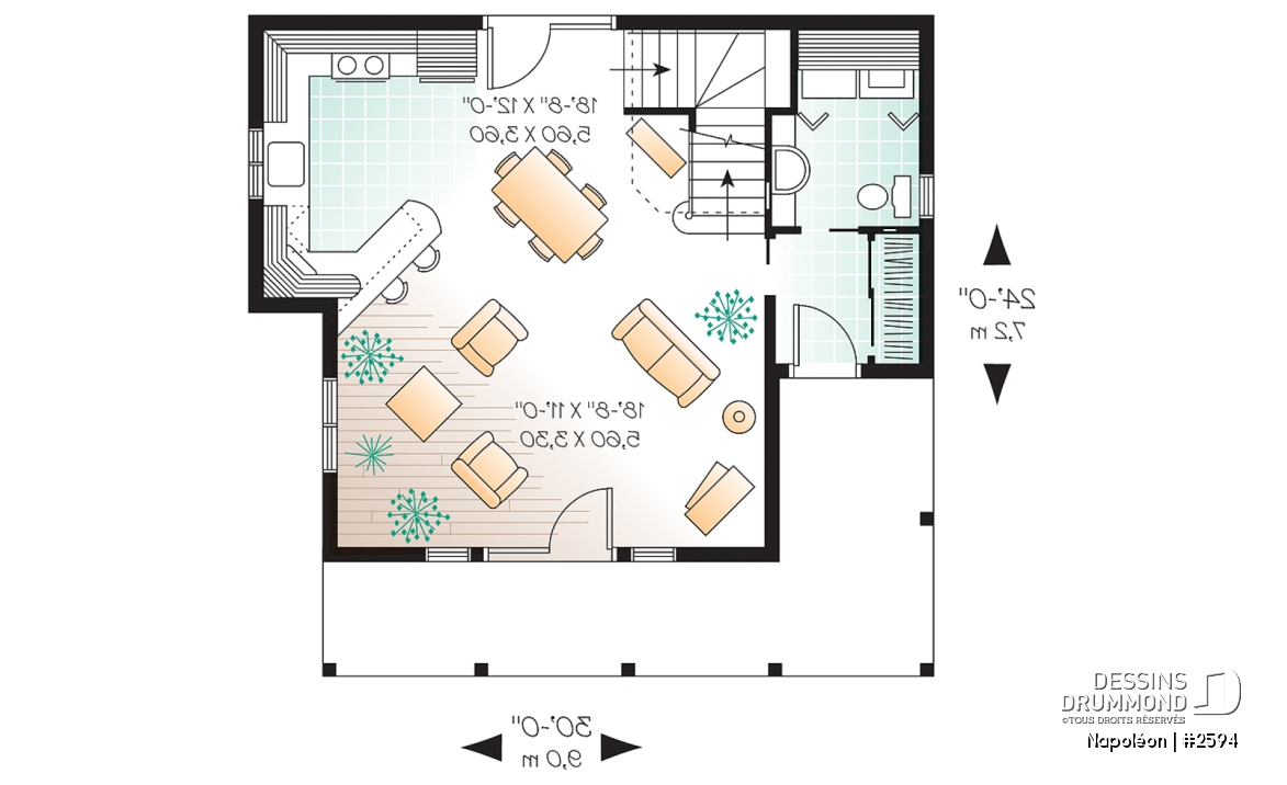 Rez-de-chaussée - Plan de chalet 4-saisons, style champêtre avec grand balcon, plancher à aire ouverte, galerie couverte - Napoléon