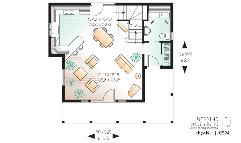 Rez-de-chaussée - Plan de chalet 4-saisons, style champêtre avec grand balcon, plancher à aire ouverte, galerie couverte - Napoléon