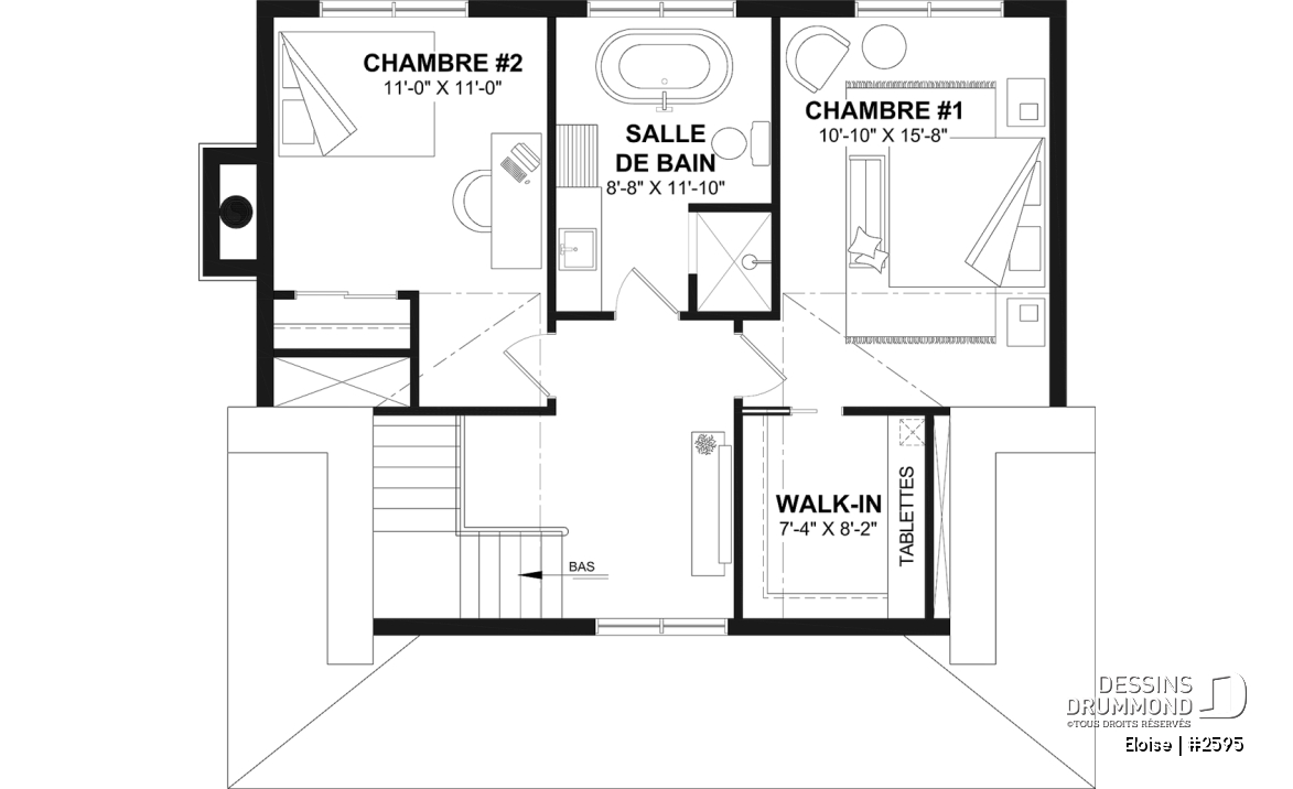 Étage - Maison campagne française à étage avec foyer central, îlot de cuisine et galerie abritée - Eloise