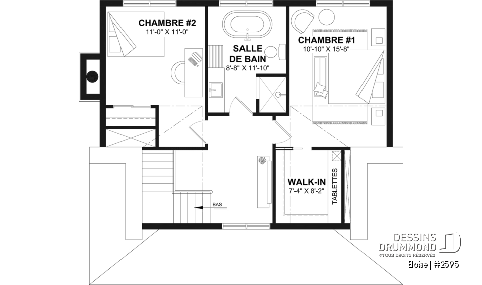Étage - Maison campagne française à étage avec foyer central, îlot de cuisine et galerie abritée - Eloise