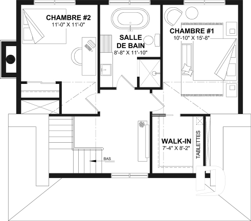 Étage - Maison campagne française à étage avec foyer central, îlot de cuisine et galerie abritée - Eloise