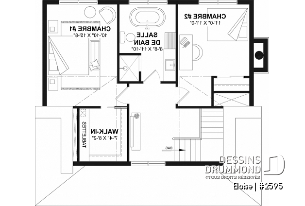 Étage du plan de maison unifamiliale 2595 Étage - Maison campagne française à étage avec foyer central, îlot de cuisine et galerie abritée - Eloise