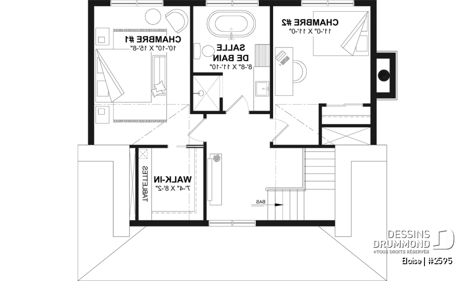 Étage - Maison campagne française à étage avec foyer central, îlot de cuisine et galerie abritée - Eloise