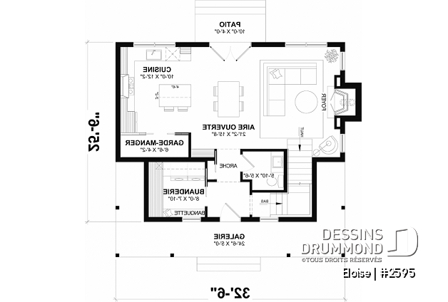 Rez-de-chaussée du plan de maison unifamiliale 2595 Rez-de-chaussée - Maison campagne française à étage avec foyer central, îlot de cuisine et galerie abritée - Eloise