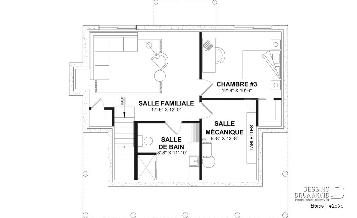 Sous-sol aménagé (Optionel $) - Maison campagne française à étage avec foyer central, îlot de cuisine et galerie abritée - Eloise