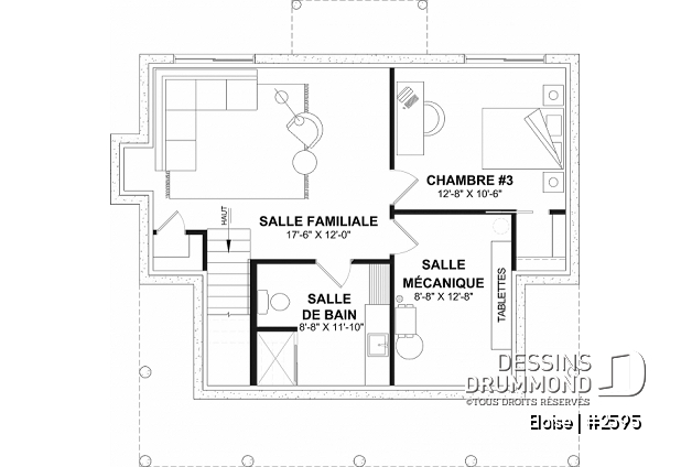 Sous-sol aménagé (Optionel $) du plan de maison unifamiliale 2595 Sous-sol aménagé (Optionel $) - Maison campagne française à étage avec foyer central, îlot de cuisine et galerie abritée - Eloise
