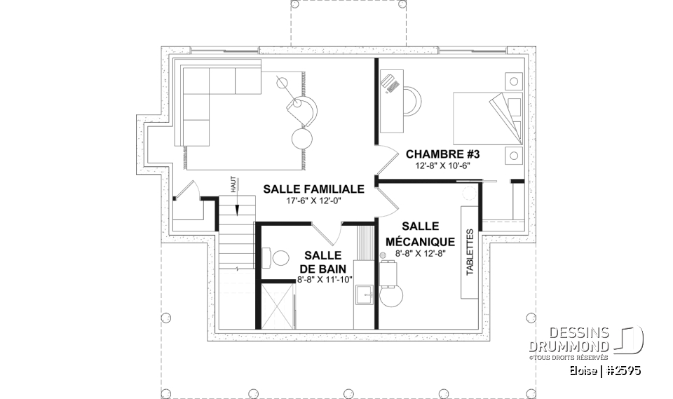 Sous-sol aménagé (Optionel $) - Maison campagne française à étage avec foyer central, îlot de cuisine et galerie abritée - Eloise