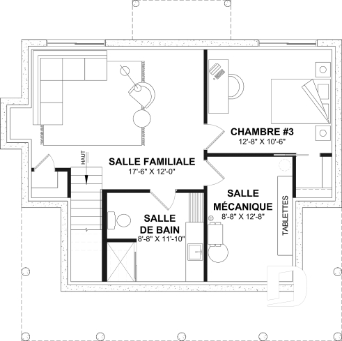 Sous-sol aménagé (Optionel $) - Maison campagne française à étage avec foyer central, îlot de cuisine et galerie abritée - Eloise