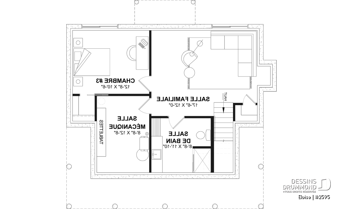 Sous-sol aménagé (Optionel $) - Maison campagne française à étage avec foyer central, îlot de cuisine et galerie abritée - Eloise