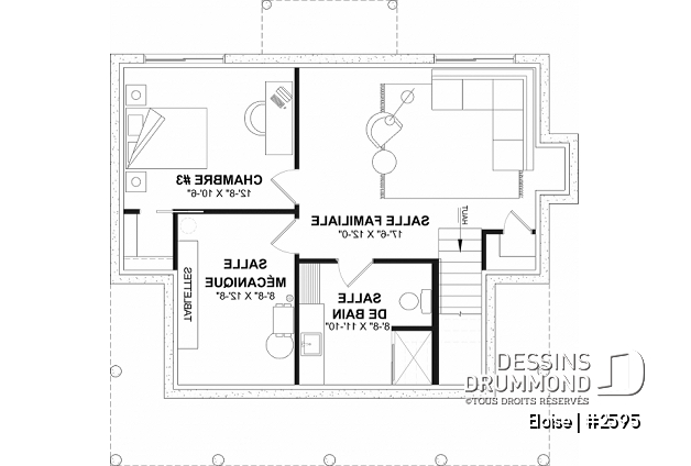 Sous-sol aménagé (Optionel $) du plan de maison unifamiliale 2595 Sous-sol aménagé (Optionel $) - Maison campagne française à étage avec foyer central, îlot de cuisine et galerie abritée - Eloise