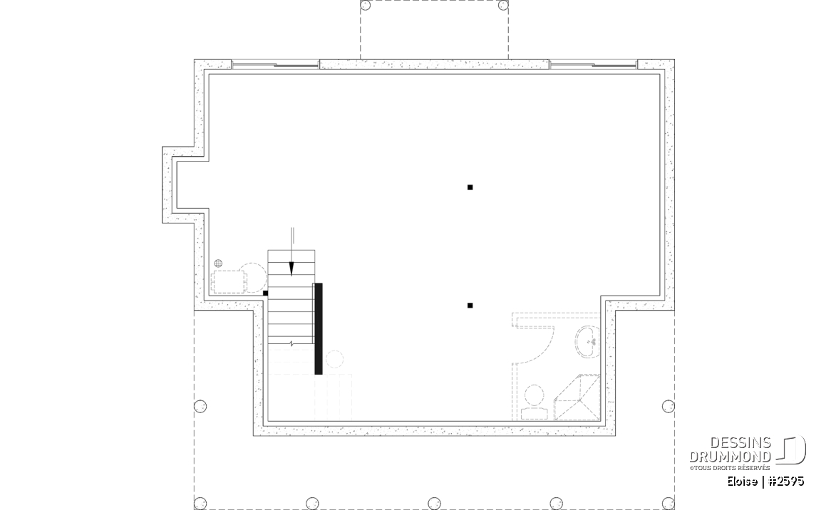Sous-sol aménageable - Maison campagne française à étage avec foyer central, îlot de cuisine et galerie abritée - Eloise