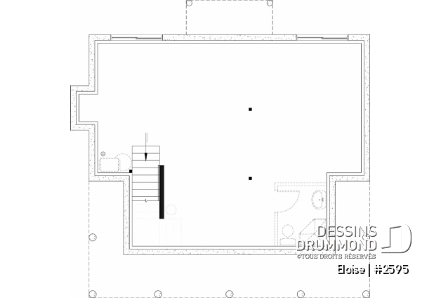 Sous-sol aménageable du plan de maison unifamiliale 2595 Sous-sol aménageable - Maison campagne française à étage avec foyer central, îlot de cuisine et galerie abritée - Eloise