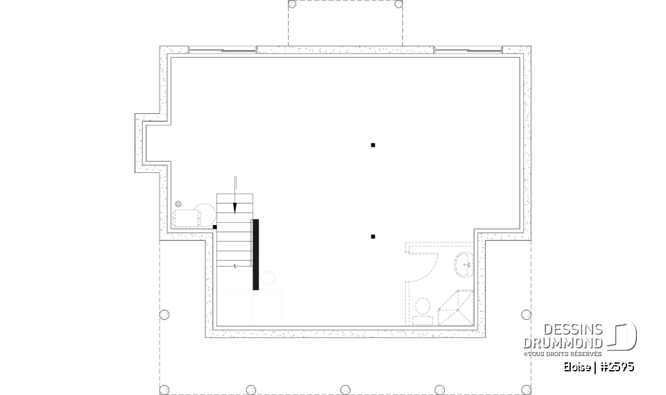 Sous-sol aménageable - Maison campagne française à étage avec foyer central, îlot de cuisine et galerie abritée - Eloise