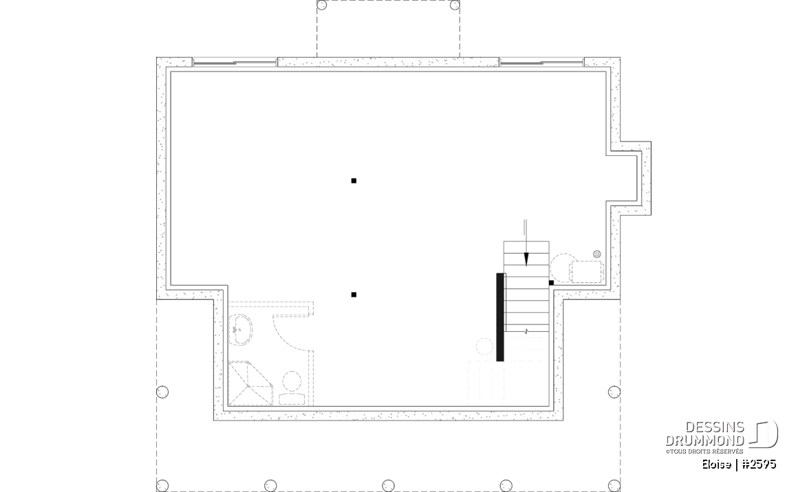 Sous-sol aménageable - Maison campagne française à étage avec foyer central, îlot de cuisine et galerie abritée - Eloise