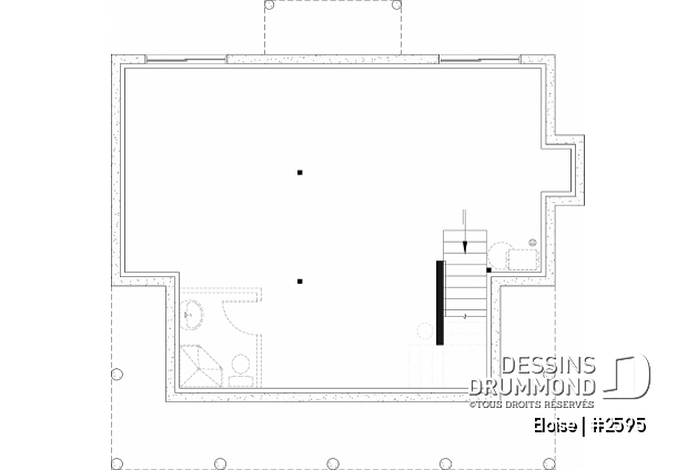 Sous-sol aménageable du plan de maison unifamiliale 2595 Sous-sol aménageable - Maison campagne française à étage avec foyer central, îlot de cuisine et galerie abritée - Eloise