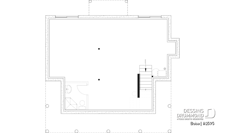 Sous-sol aménageable - Maison campagne française à étage avec foyer central, îlot de cuisine et galerie abritée - Eloise
