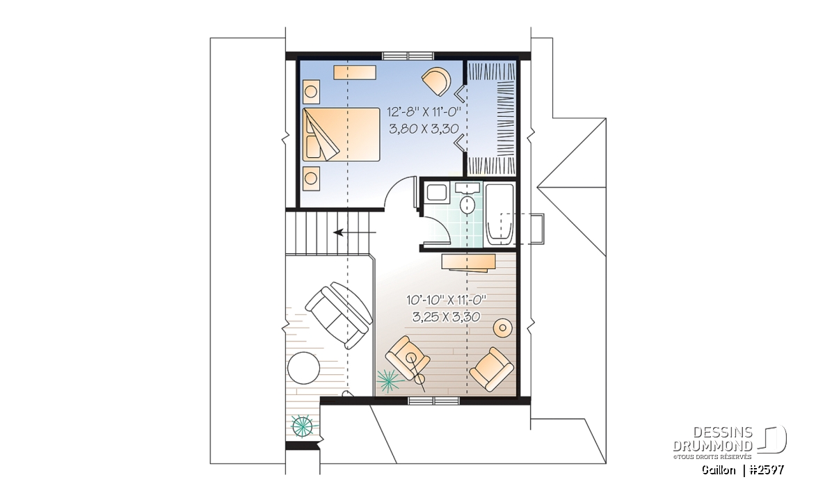 Étage - Plan de maison à étage, 2 chambres + loft, champêtre, plafond cathédrale et mezzanine, aire ouverte - Gaillon 