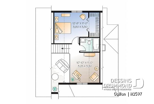 Étage - Plan de maison à étage, 2 chambres + loft, champêtre, plafond cathédral et mezzanine, aire ouverte - Gaillon 