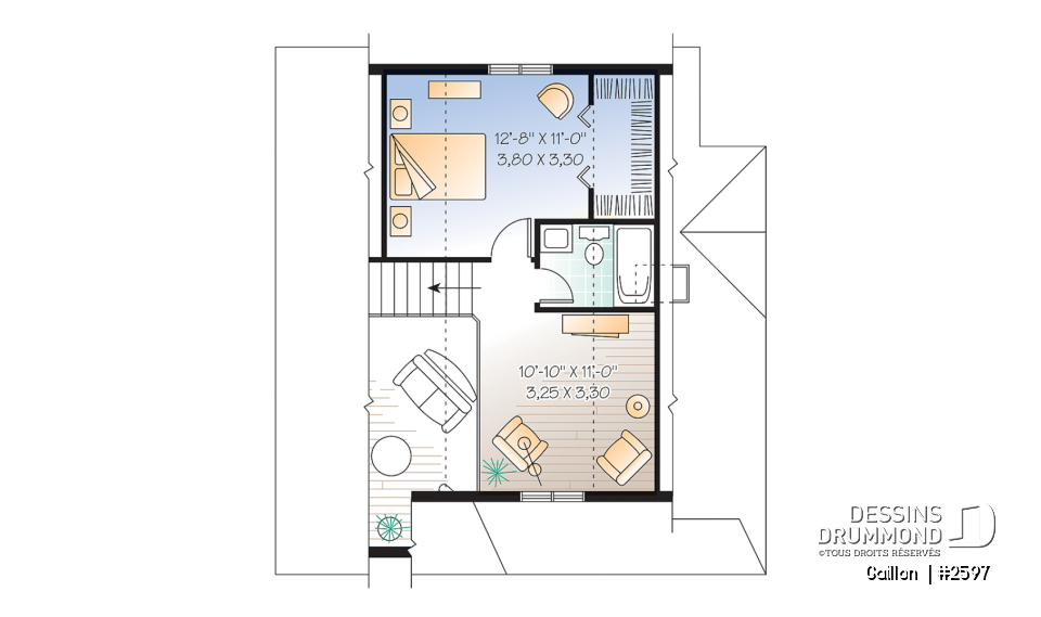 Étage - Plan de maison à étage, 2 chambres + loft, champêtre, plafond cathédrale et mezzanine, aire ouverte - Gaillon 