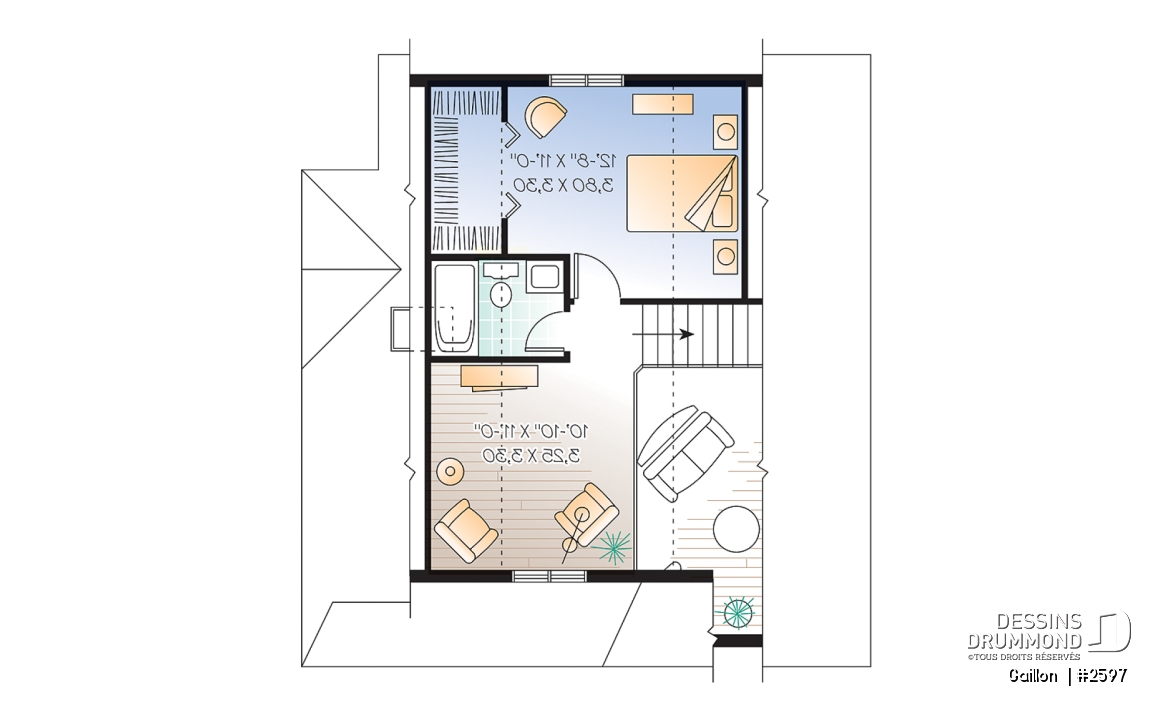 Étage - Plan de maison à étage, 2 chambres + loft, champêtre, plafond cathédrale et mezzanine, aire ouverte - Gaillon 