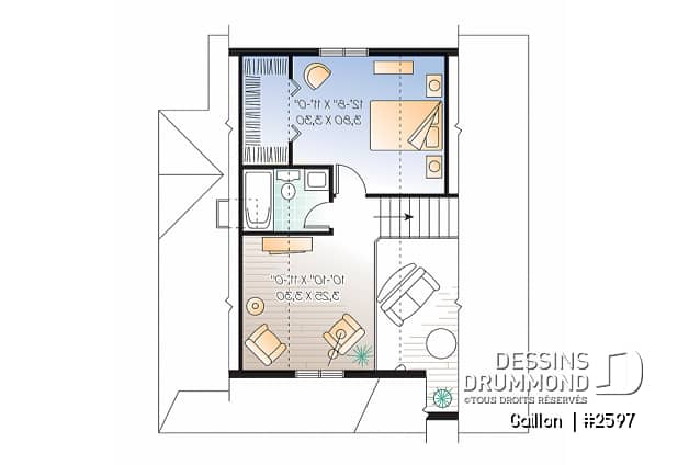 Étage - Plan de maison à étage, 2 chambres + loft, champêtre, plafond cathédral et mezzanine, aire ouverte - Gaillon 