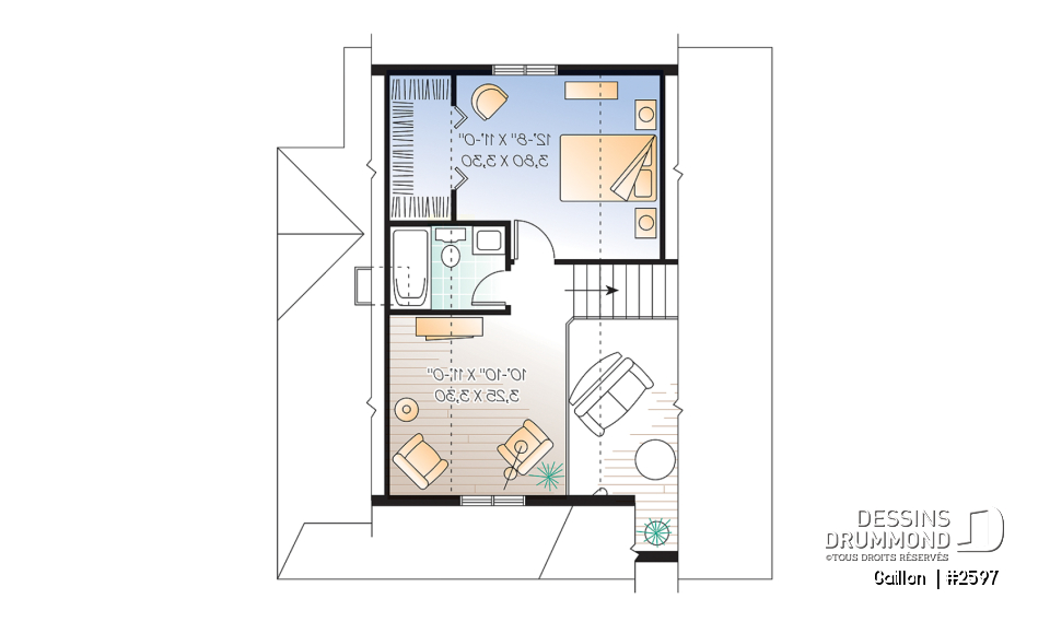 Étage - Plan de maison à étage, 2 chambres + loft, champêtre, plafond cathédrale et mezzanine, aire ouverte - Gaillon 