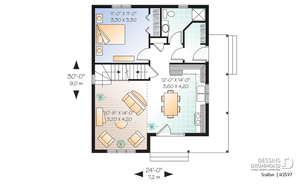 Rez-de-chaussée - Plan de maison à étage, 2 chambres + loft, champêtre, plafond cathédrale et mezzanine, aire ouverte - Gaillon 