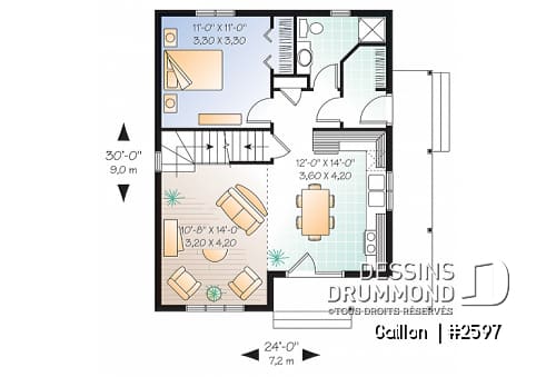 Rez-de-chaussée - Plan de maison à étage, 2 chambres + loft, champêtre, plafond cathédral et mezzanine, aire ouverte - Gaillon 