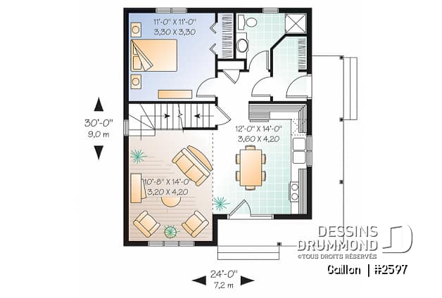 Rez-de-chaussée - Plan de maison à étage, 2 chambres + loft, champêtre, plafond cathédral et mezzanine, aire ouverte - Gaillon 