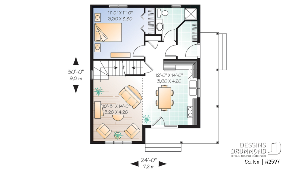 Rez-de-chaussée - Plan de maison à étage, 2 chambres + loft, champêtre, plafond cathédrale et mezzanine, aire ouverte - Gaillon 