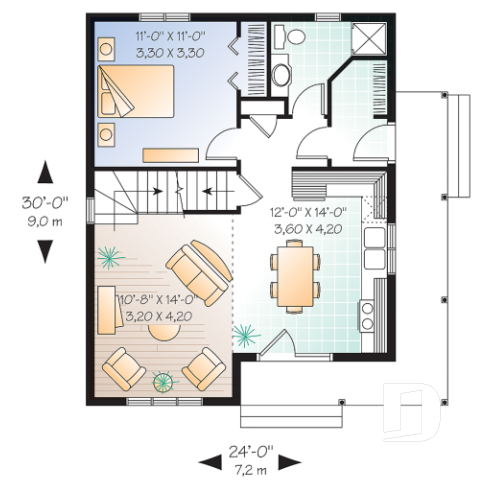 Rez-de-chaussée - Plan de maison à étage, 2 chambres + loft, champêtre, plafond cathédrale et mezzanine, aire ouverte - Gaillon 