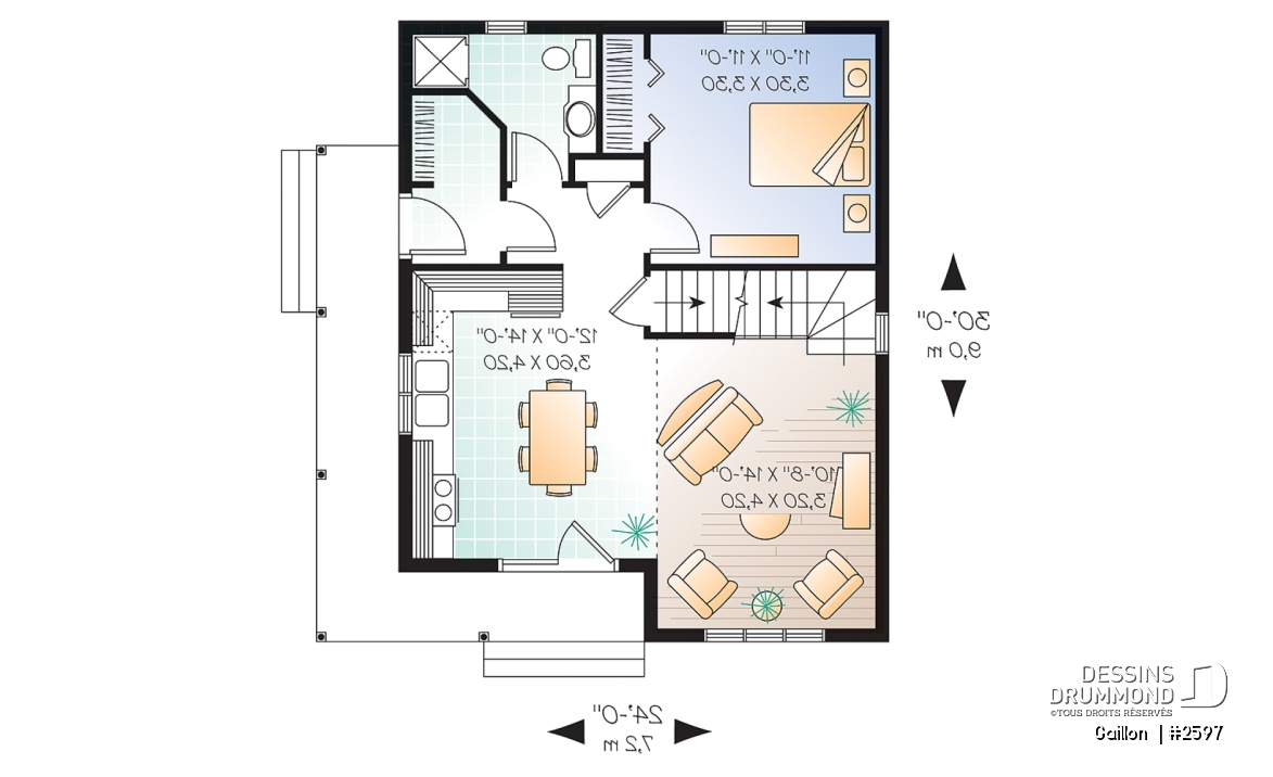 Rez-de-chaussée - Plan de maison à étage, 2 chambres + loft, champêtre, plafond cathédrale et mezzanine, aire ouverte - Gaillon 