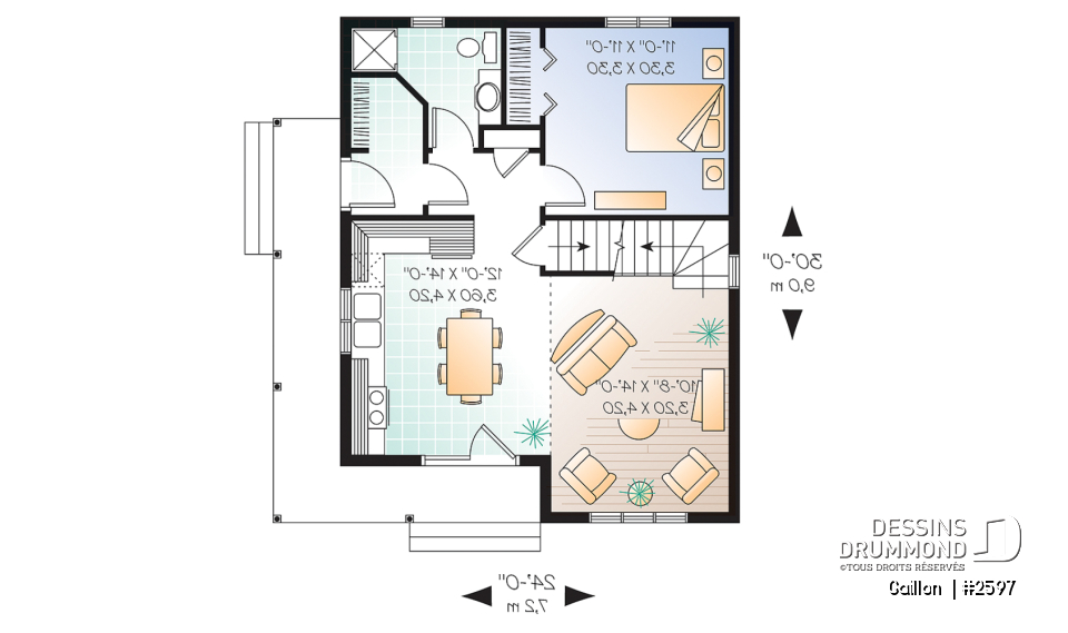 Rez-de-chaussée - Plan de maison à étage, 2 chambres + loft, champêtre, plafond cathédrale et mezzanine, aire ouverte - Gaillon 