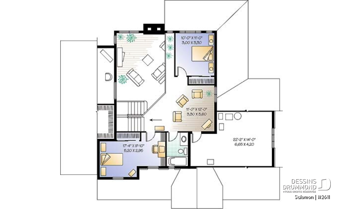 Étage - Plan de maison 3 a 4 chambres, espace boni, garage double, solarium, plafond cathedral - Salomon