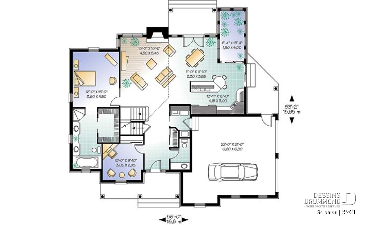 Rez-de-chaussée - Plan de maison 3 a 4 chambres, espace boni, garage double, solarium, plafond cathedral - Salomon